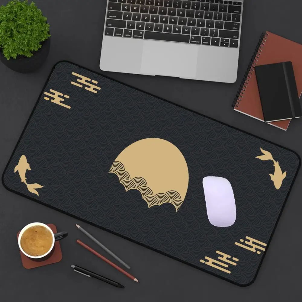 Japanese Desk Mat Black & Gold Mousepad Koi fish mouse pad sun cloud Japan art seal sunrise Dark sunset Large XXL Gaming Deskmat