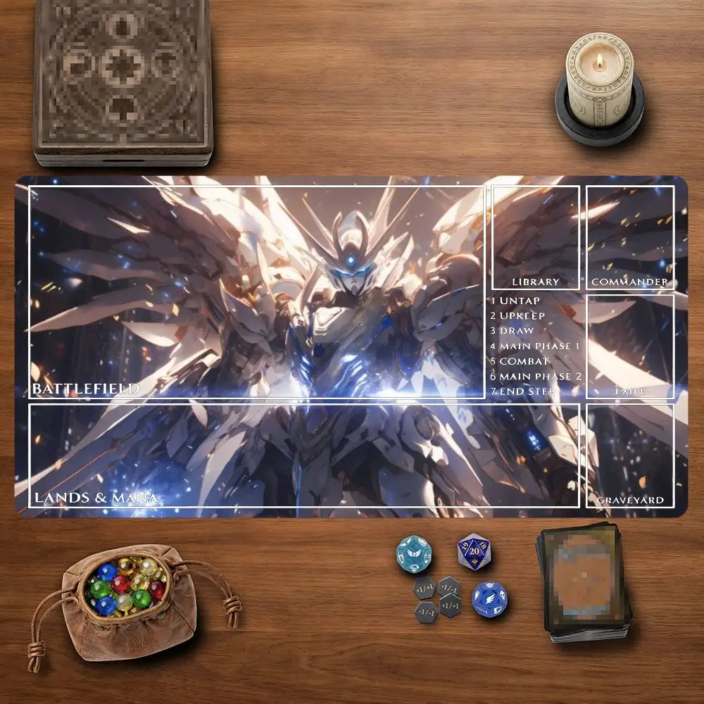 Epic White Winged Mecha Warrior TCG Playmat 35X60CM Magic Card Battle Mat Non‑Slip Durable Stitched Edge Tabletop Playmat