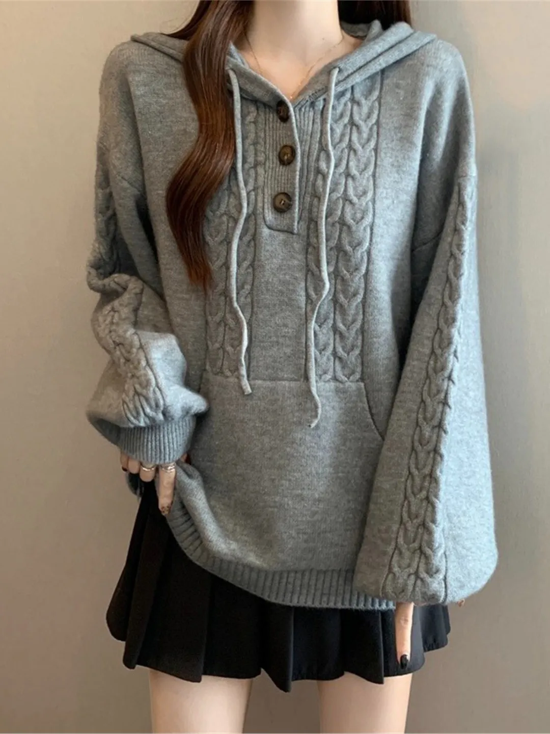 

Ay Вязаная шапка, свитер с плечами, женский свободный свитер большого размера, ленивый топ, подходит для осеннего сезона, длинная толстовка с капюшоном све