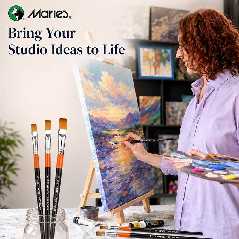 Marie's 3pcs Nylon Flat Brushes for Artists Painting,Durable Wooden Handle,Professional for Acrylic,Watercolor,Oil,Model,Fabric