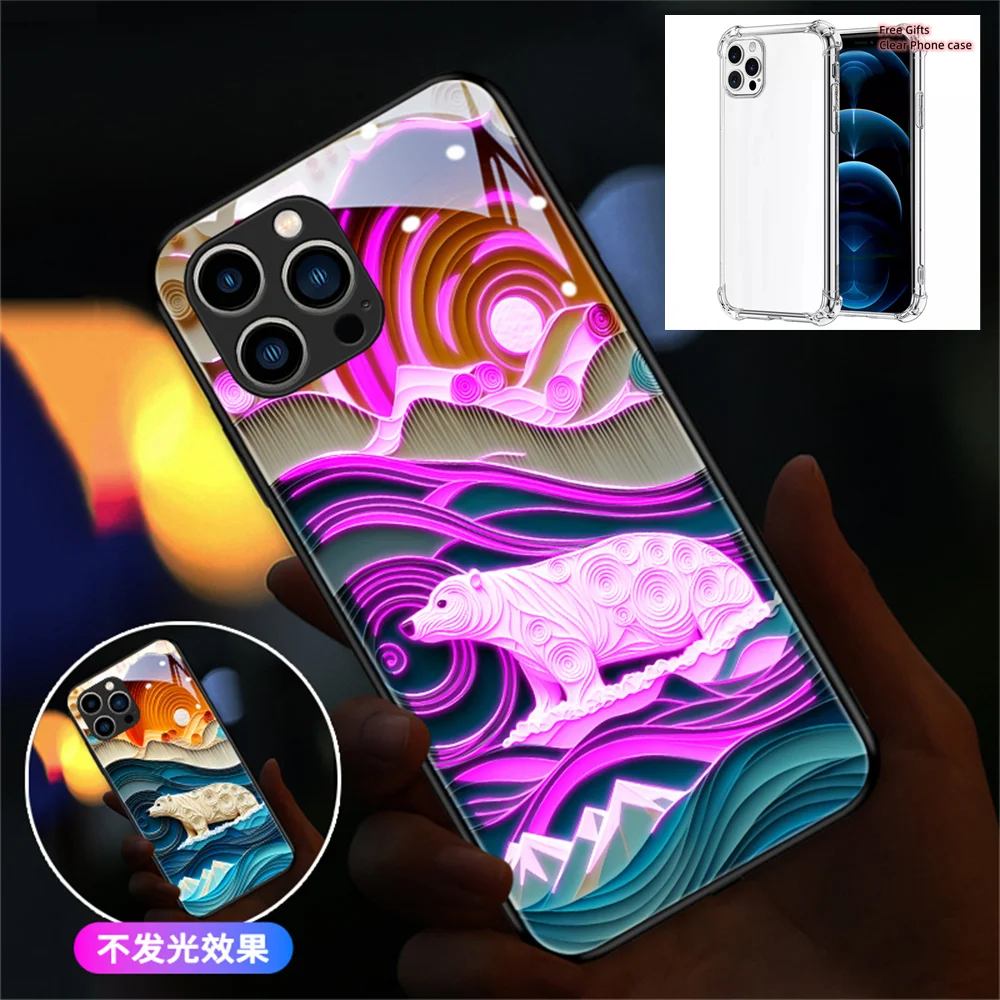 

With Gift Polar Bear Design LED Light Up Glass Phone Case Back Cover For iPhone 15 14 13 12 11 Pro Max X XR XS 6 7 8 Plus SE2020