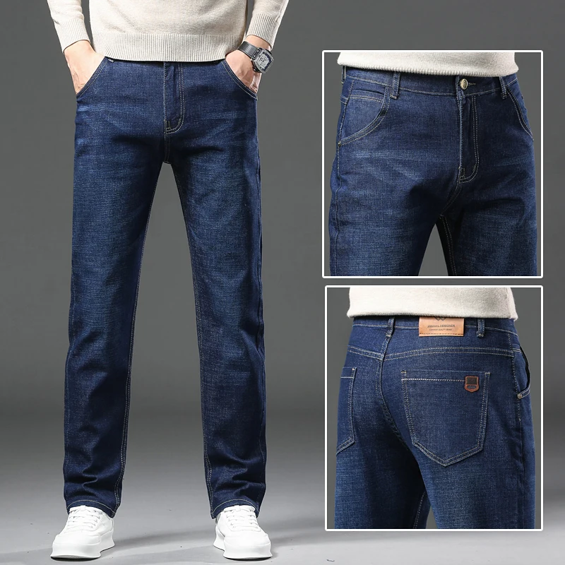 Pantalones vaqueros elásticos para hombre, Jeans informales de negocios a la moda, color negro y azul, 28-40 talla grande, cuatro estaciones