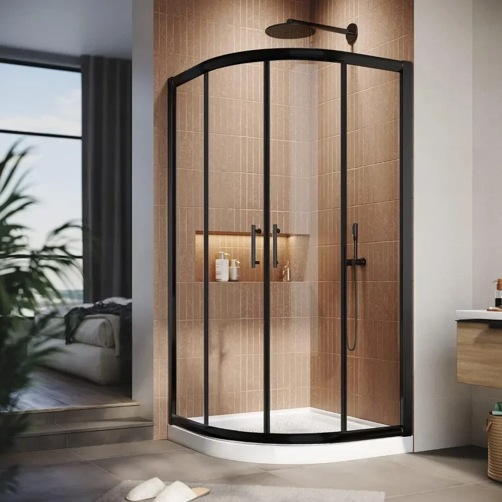 Indoor Corner Shower Doors 36.7 In. X 72 In. Neo-Round Sliding Shower Door In Black Finish, 1/4 In. Sale Clear Glass Shower Door