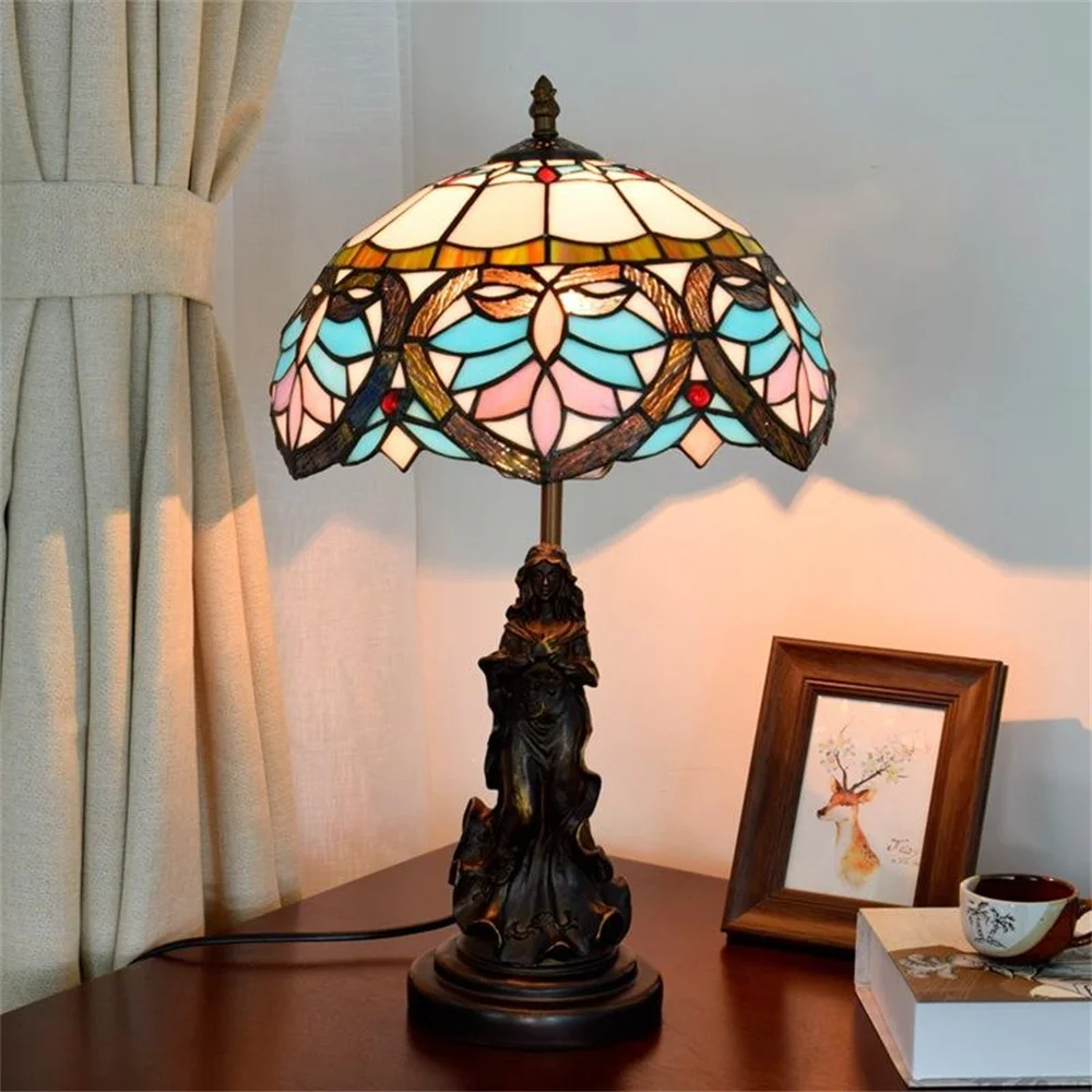 

FUMAT High Quality Vintage Blue Mediterranean Style Bedside Table Lamp Stained Glass Tiffany Table Lamp