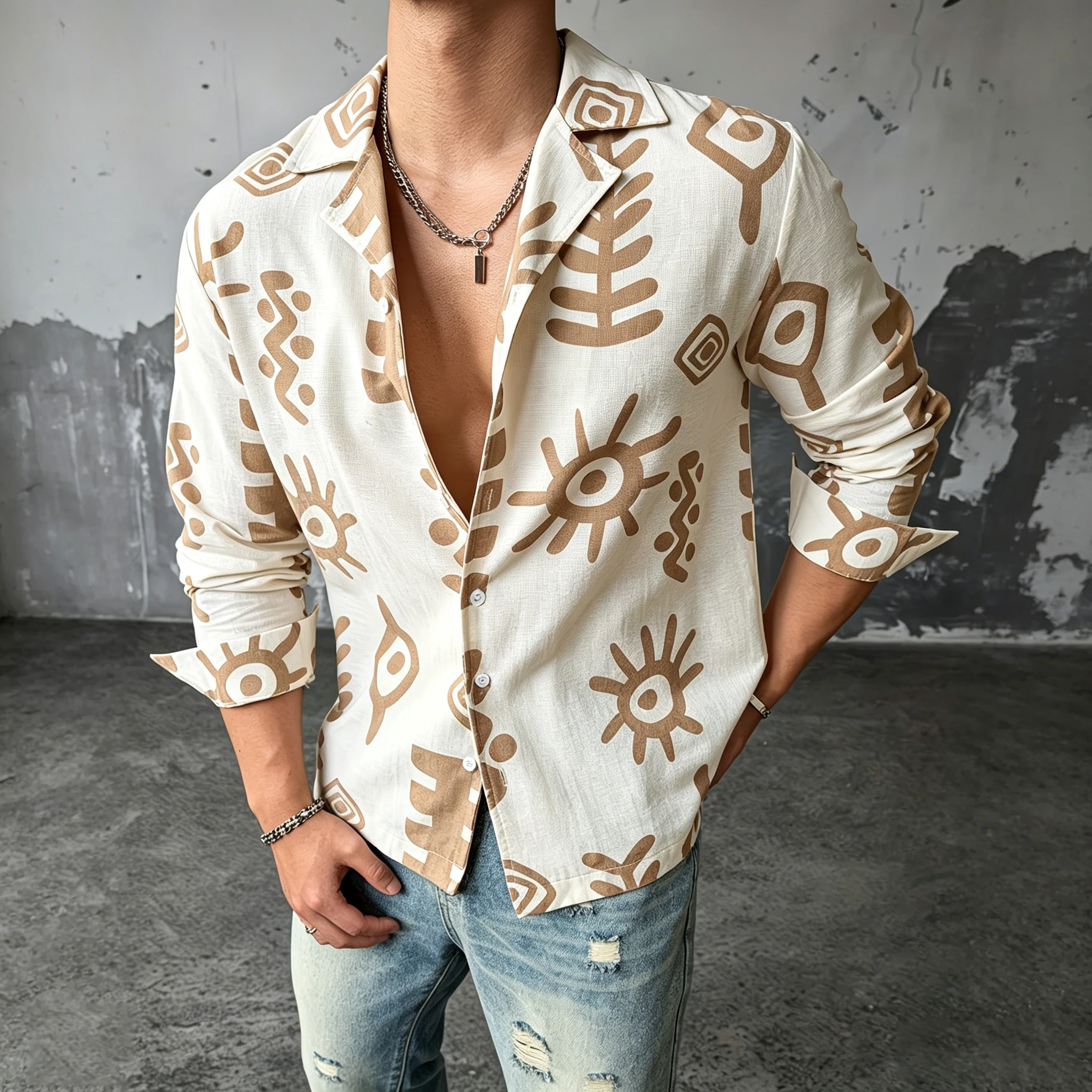 This Men's Long-Sleeved, 100% Cotton Casual Shirt Features a vintage, Bohemian-Style Print. Perfect for Social Gatherings, It Is view 5