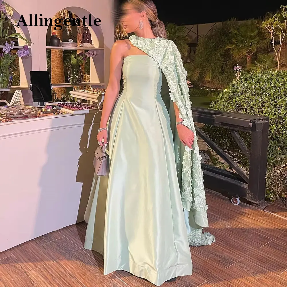 

Exquisite Two Piece Strapless Evening Dress for Women Appliques Flowers Green Satin A-Line Prom Dresses Floor Length Customized