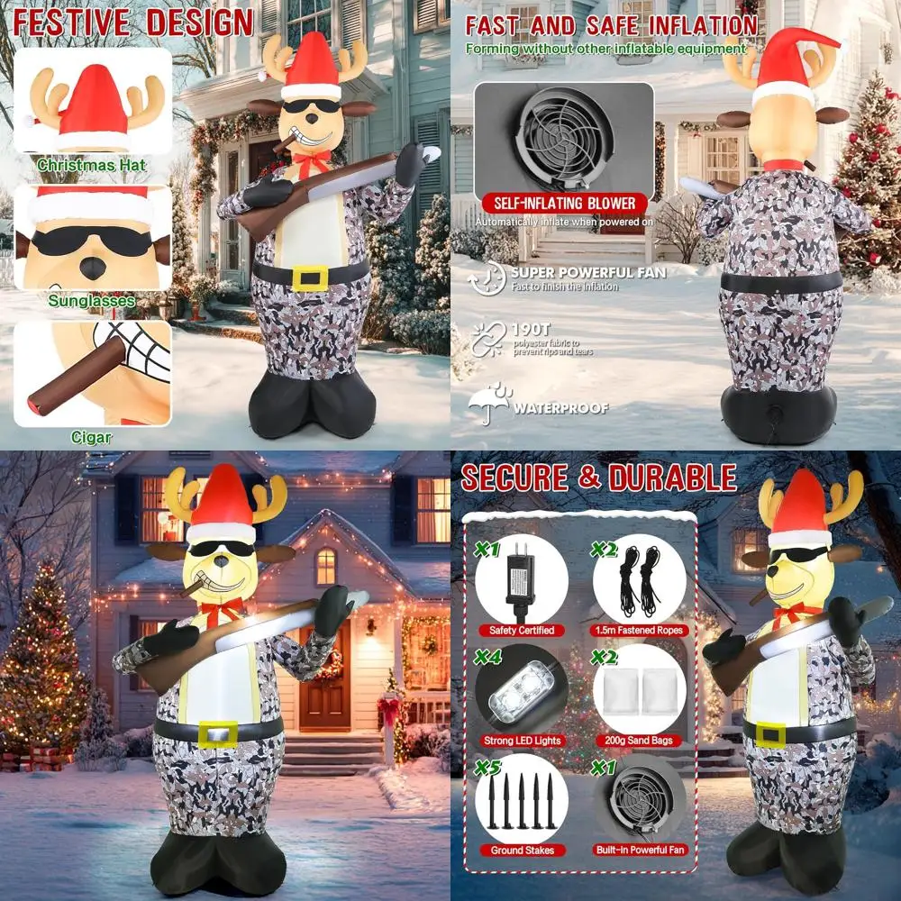 

Гигантское камуфляжное рождественское украшение с оленями длиной 7 футов со светодиодной подсветкой, шляпой и пистолетом, подходит для газона, сада и использования в помещении