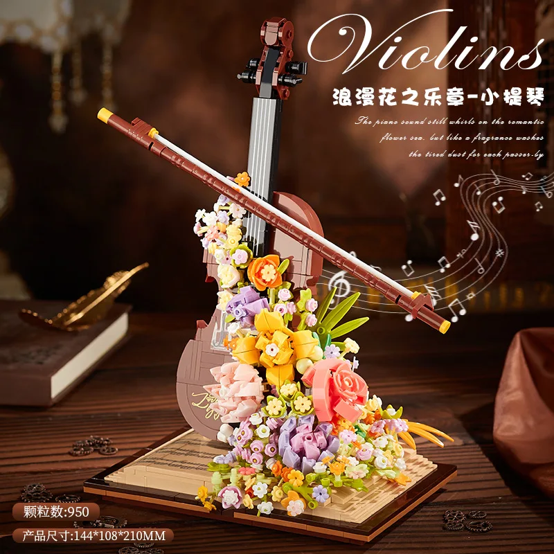 Violin Piano Bouquet Building Blocks Children Educational Assembly Decoration Toys Female Birthday Present Compatible with Lego