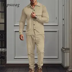 New Fashion Twill Solid Color Tracksuits Mens Autumn Long Sleeve Lapel Cargo Shirt And Pants Two Piece Sets Men Streetwear Suits