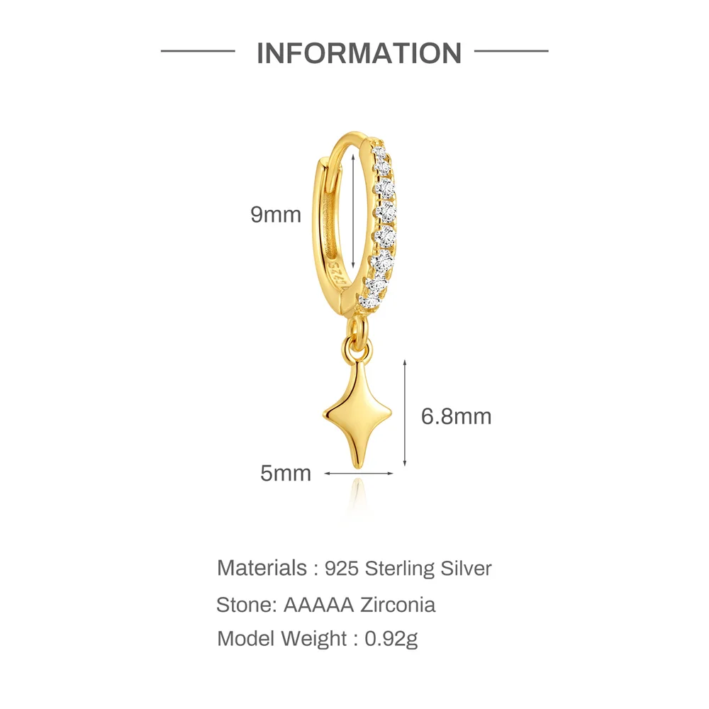 Aide 1Piece 925 Sterling Silver Delicate Zircon Star Dangle Earring 18k Gold Plated CZ Huggie Hoop Perfect Birthday Gift for Her