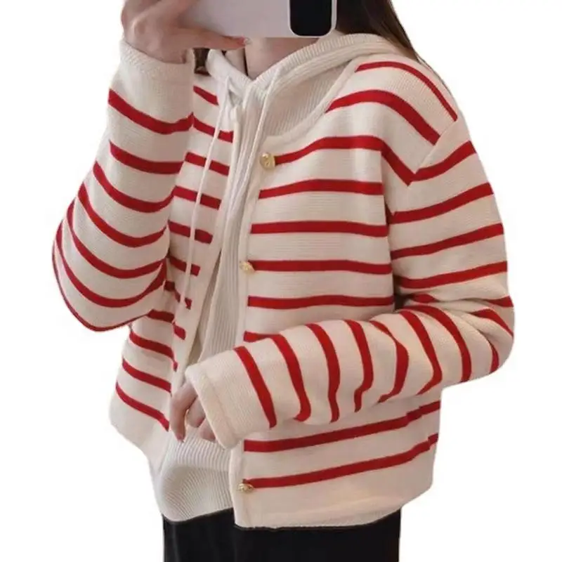 Striped Cardigan Sweater With Gold Button Women\'s Long Sleeve Cardigan Soft And Cozy Long Sleeve Striped Cardigan For Daily Wear