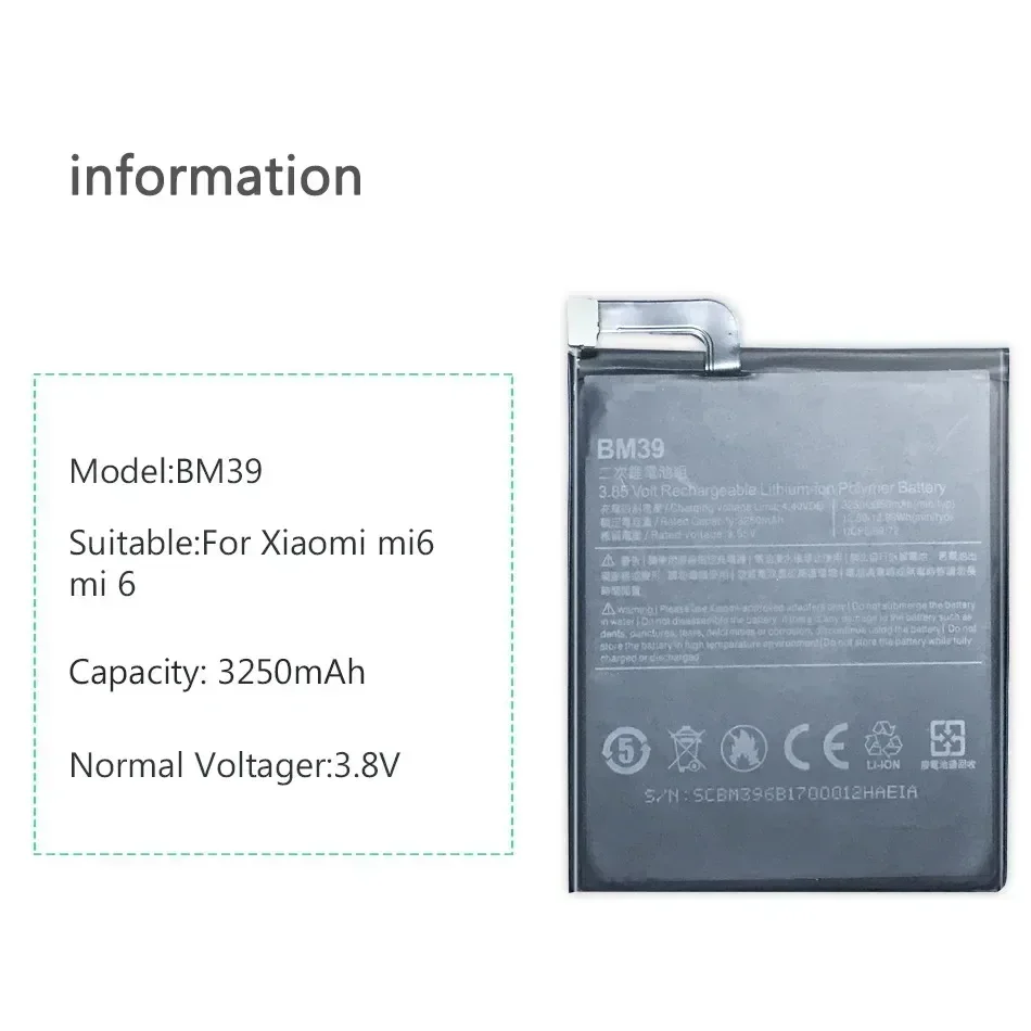 Mobile Phone Replacement Battery for Xiaomi Mi 6 Mi6 BM39 3250mAh Portable Batteries  Warranty + Track NO