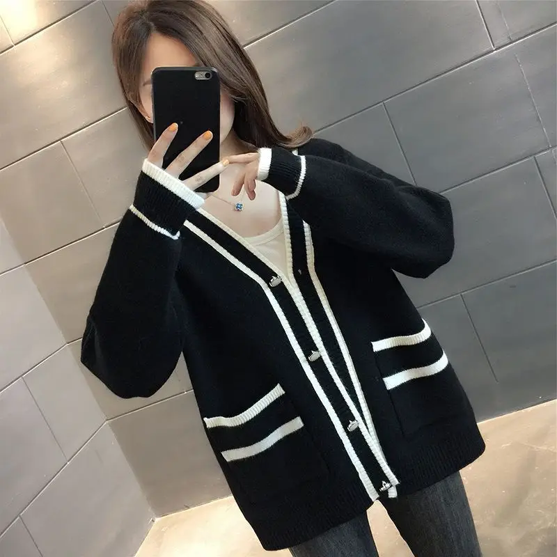 Outono inverno nova moda com decote em v manga longa retalhos cardigan roupas femininas solto botão de tricô coreano all-match chique topo