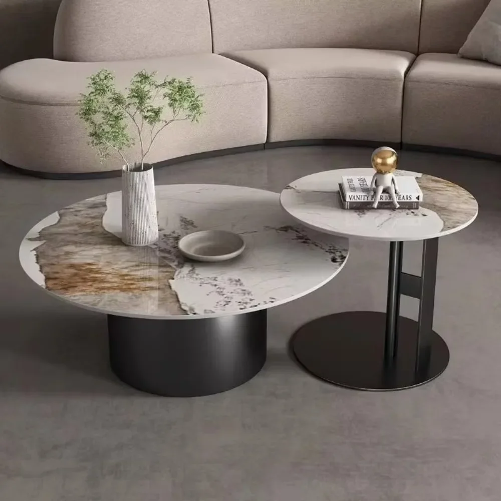 Italian-Style Modern Simple High-End Living Room Furniture Coffee Tables Various Sizes Light Luxury Metal Frame Rock Plates