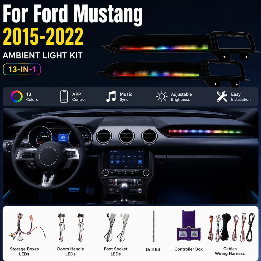 Flowing RGB Ambient Light For Ford Mustang 2015-2022 13 LEDs App Control Passenger Trim Kit Interior Neon Decorative LED Strip