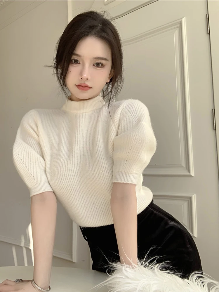 New Fashion Puff Short Sleeve Turtleneck Pullover Top Chic 2023 Spring Solid Pullovers Korean Women Knitted Sweaters