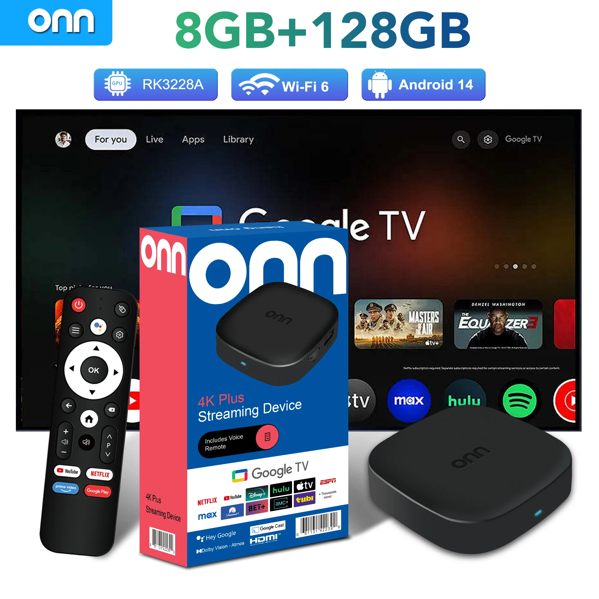 ONN 4Kplus 4K UHD Streaming TV Box Android 13 8GB RAM 128GB ROM Dual‑Band WiFi 6 Bluetooth 5.4 HDMI 2.1 Player Voice & IR Remote