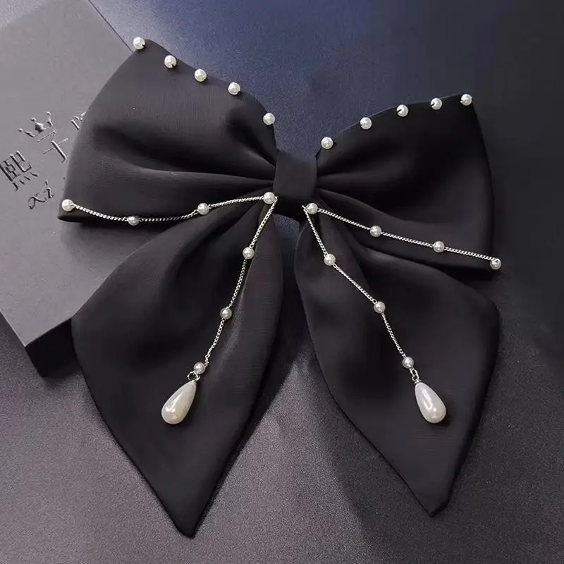 Fashion Fabric Big Bow Hairpins Pearl Tassel Hair Clips Ponytail Barrettes Heawear Korean Headpiece Girls Hair Accessories