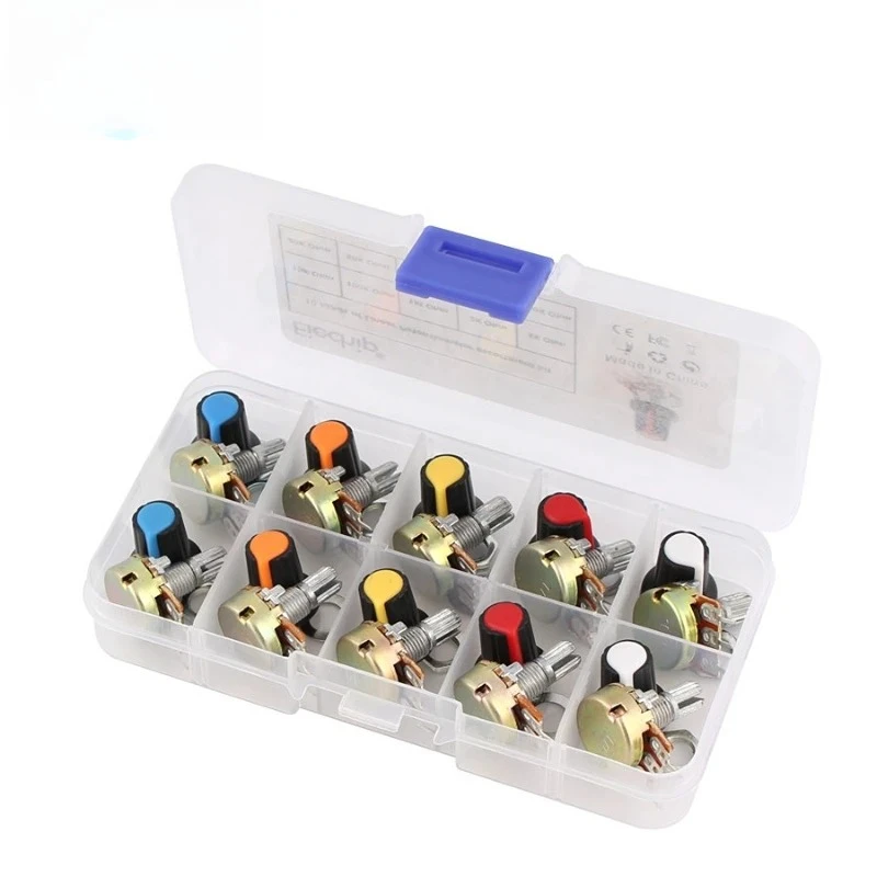10Set WH148 Potentiometer Kit 1K/2K/5K/10K/20K/50K/100K/250K/500K/1M Ohm 15mm 3Pin Rotary Resistors with Knobs Cap