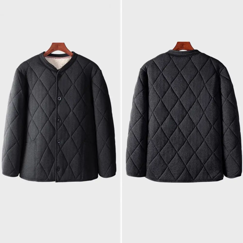

Windproof Men Jacket Men's V-neck Windproof Jacket with Thickened Velvet Lining Single Breasted Outwear for Warmth Style Casual
