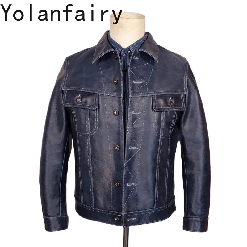 YOLANFAIRY Top Layer Cowhide Genuine Leather Jacket Men 2026 Vintage 100% Real Leather High Quality Pure Leather Coat Man 2026
