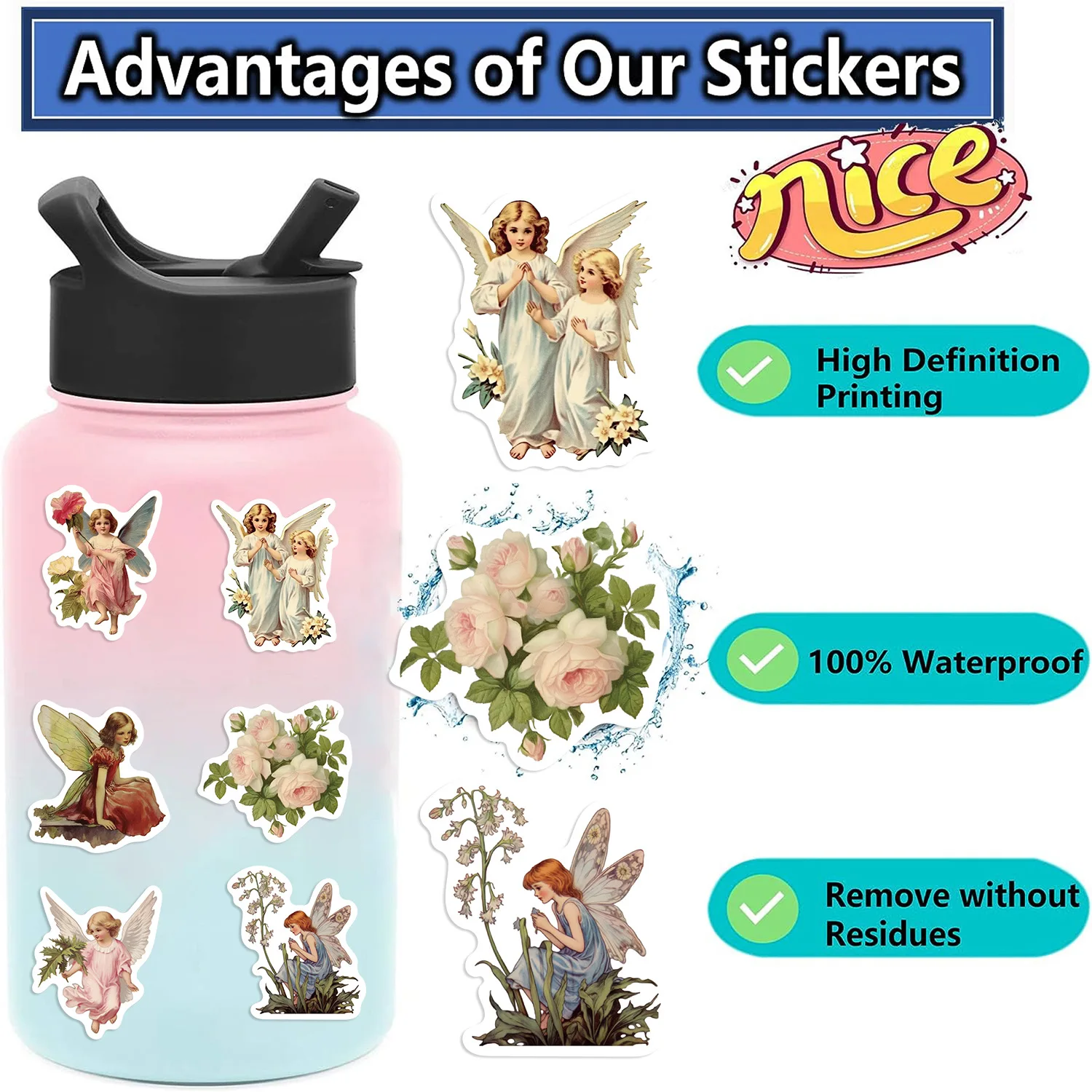 50PCS Vintage Angels and Fairy Stickers, Vinyl Scrapbooking Stickers Packs, Kawaii Cute Angel Aesthetic Stickers for phone