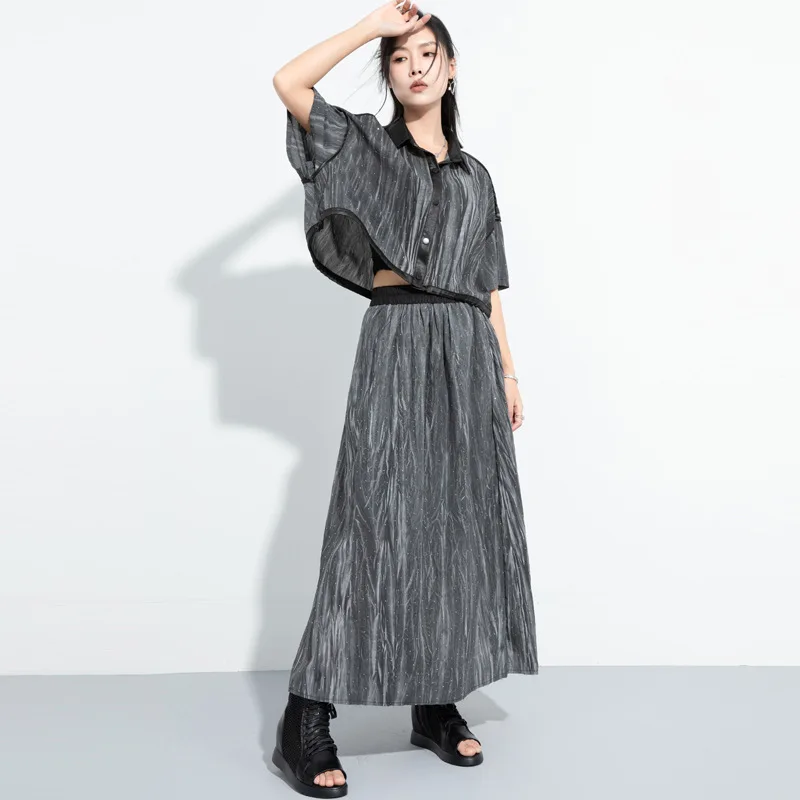 

SuperAen 2025 летняя новая повседневная рубашка, женская короткая рубашка с короткими рукавами и бриллиантами, юбка с эластичной резинкой на талии, комплект из двух предметов