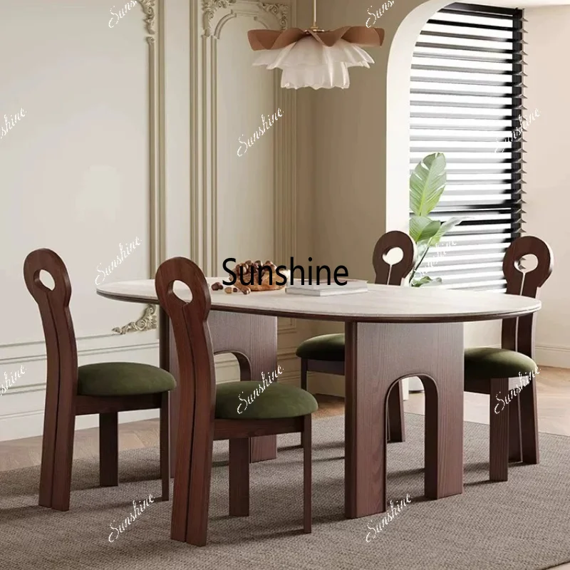 Retro travertine rock slab dining table oval solid wood dining table