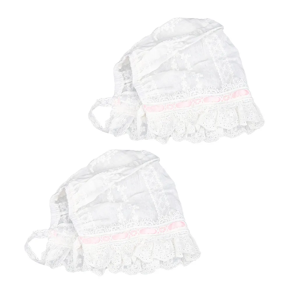 

2Pcs Newborn Baby Hats Soft Breathable Cotton Beanies Adjustable Lace Bonnet Caps Set for Daily Wear New Year Infant Girl