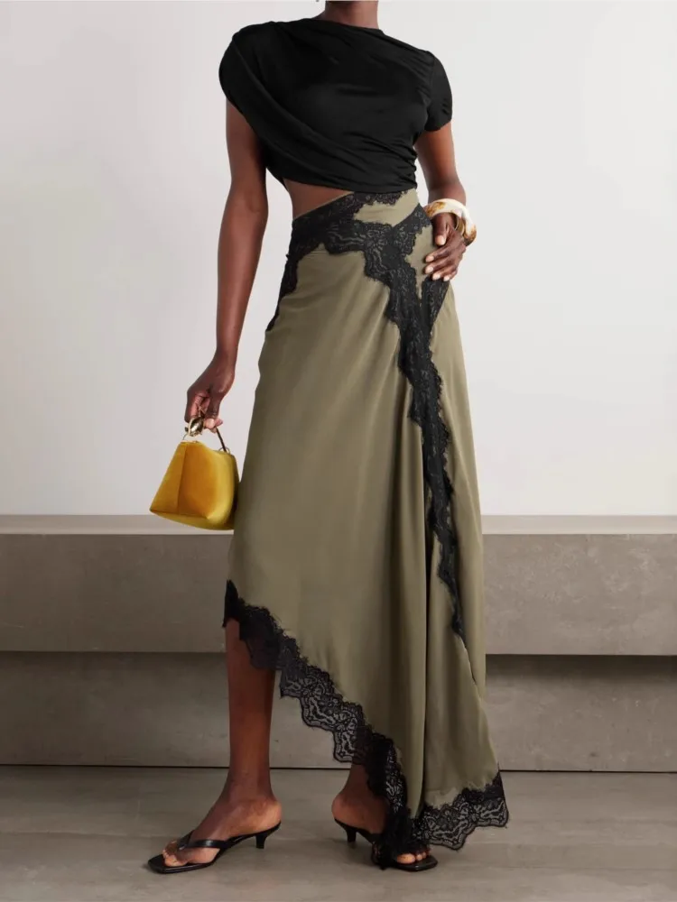 

Summer O-neck Short Sleeved Long Dress Lace Patchwork Women's Evening Dress New 2026 Fashionable Hollow Irregular Maxi Dresses