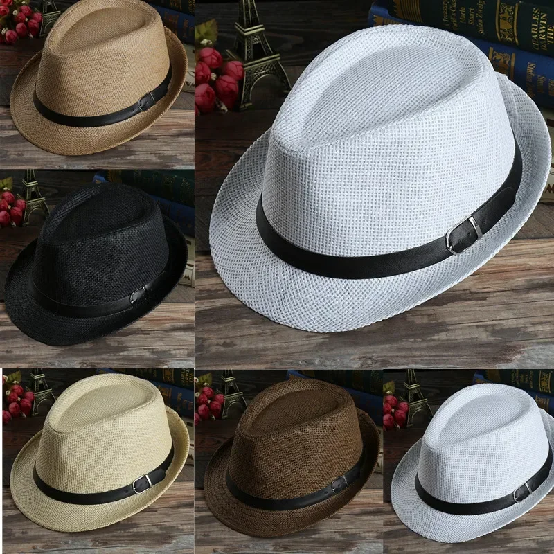 Men's Hat Woven Straw Sunshade Hat  Fedora Hat Women Casual Buckle Beach Sun White Wedding Black Belt Fedoras