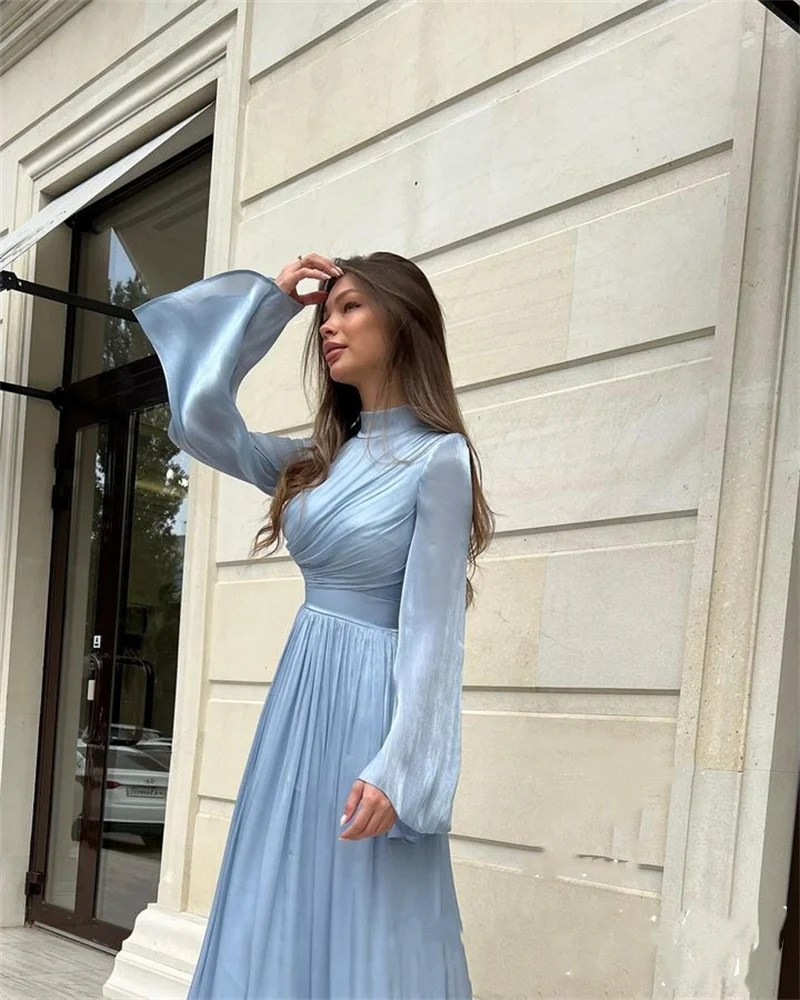 Vestido de noche de cuello alto de gasa azul cielo, vestido de fiesta de corte en A, vestidos formales plisados de manga larga para ocasiones para