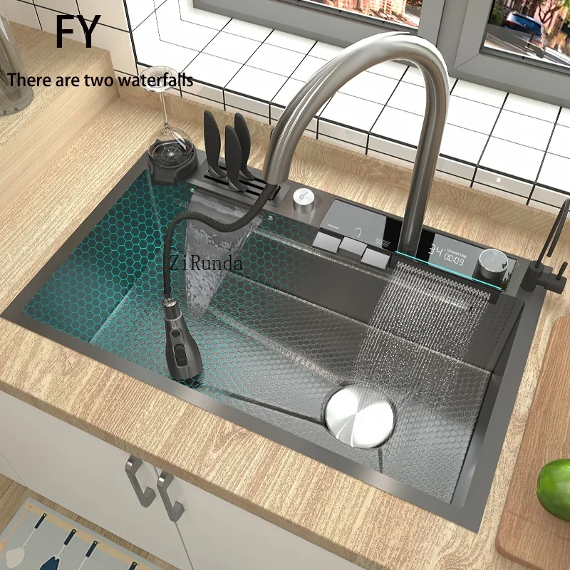 Steel Waterfall  Kitchen Sink Oversized Super Washing Basin Large Single Slot Multifunctional Washing Pond