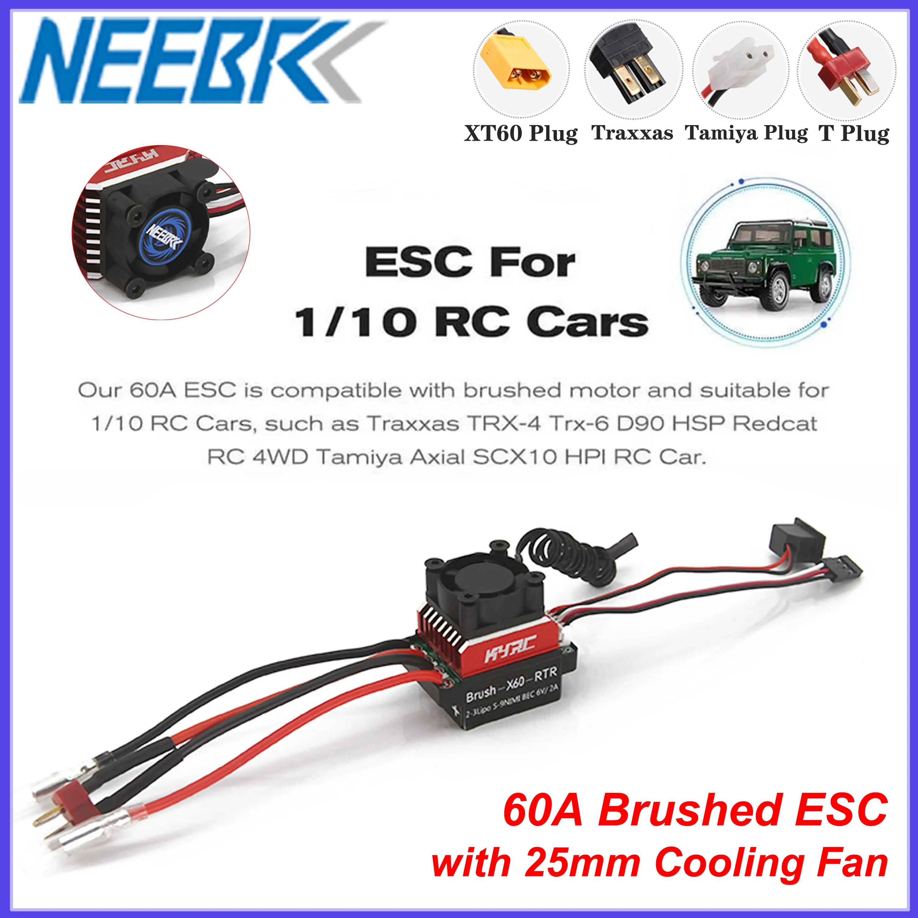 

NEEBRC 60A Матовый регулятор скорости ESC с охлаждающим вентилятором ESC 25 мм для 1/10 RC Car 540 550 Motor Traxxas D90 Redcat Axial Scx10