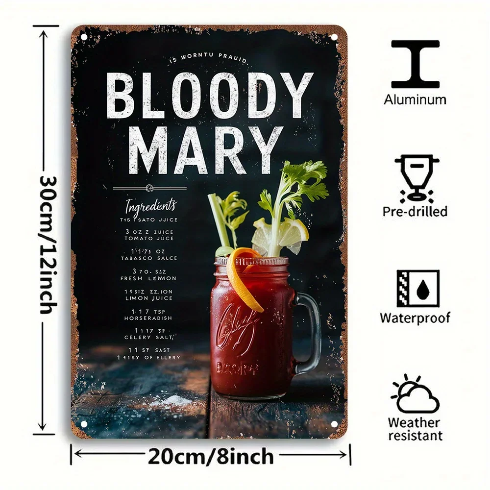Vintage Style Bloody Mary Recipe Aluminum Sign, Metal Wall Art Plaque, Decorative  Poster for Garden, Bedroom