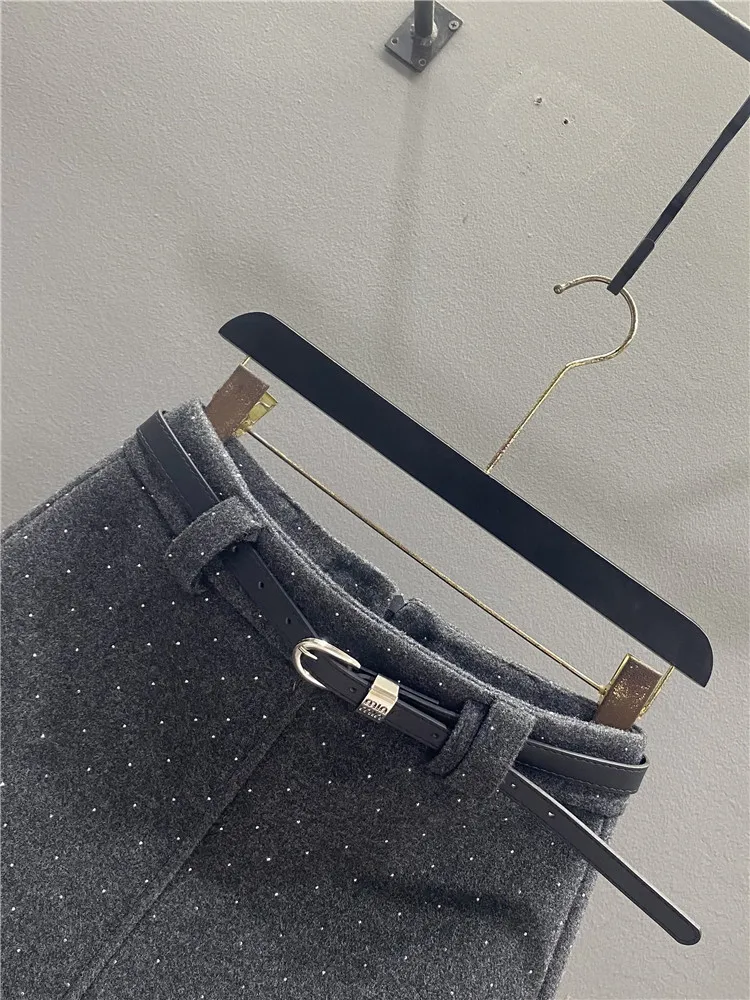 Grey Thickened Woolen A-Line  Skirt Slimming Versatile Short Skirt Diamond Embellished Business Casual mid Waist Design