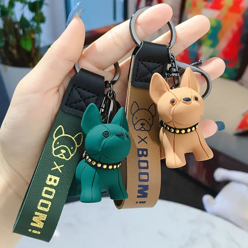 1PC Bulldog Couple Decoration Keychain PU Leather Dog Keyring Fashion Women Bag Car Pendant Jewelry Trinket Key Ring Key Chain