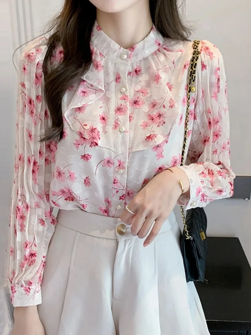 Vrouwen Ruches Print Chiffon Blouse Shirt Lange Mouw Blouse Vrouwen Blusas Mujer De Moda 2024 Blouses Femme Shirts Vrouwen Tops F391