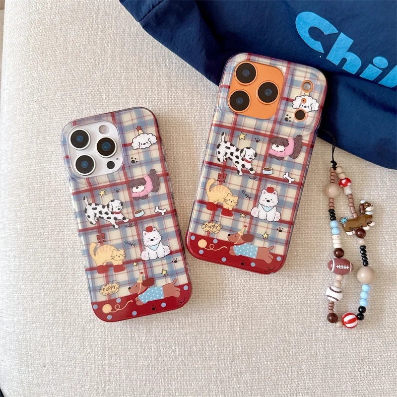Корейский чехол для телефона с красным, синим клетчатым узором для iPhone 16 Pro 15 14 17 Pro Max, задняя крышка с ремешком-цепочкой, защитные чехлы для Gir