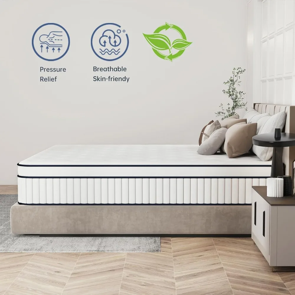 Mattress 10 Inch,Mattress in a Box, Upgraded Strength Hybrid Mattress with Pocket Spring and Soft Foam, Medium Firm Mattress