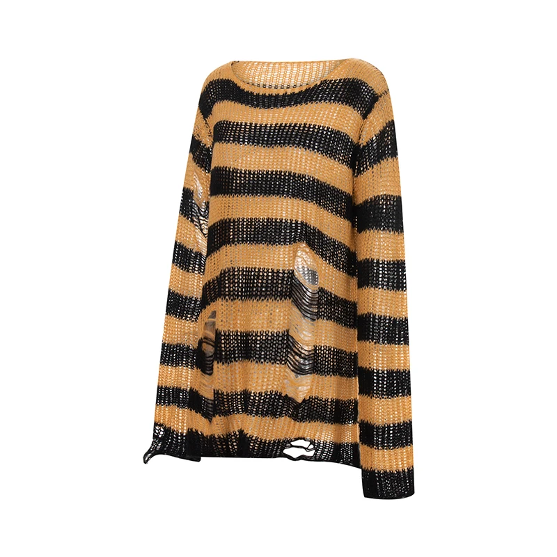 Women Goth Punk Sweaters Ripped Hollow Out Pullover Shirt Oversized Striped Knit Casual Clubwear Fall Winter Tops