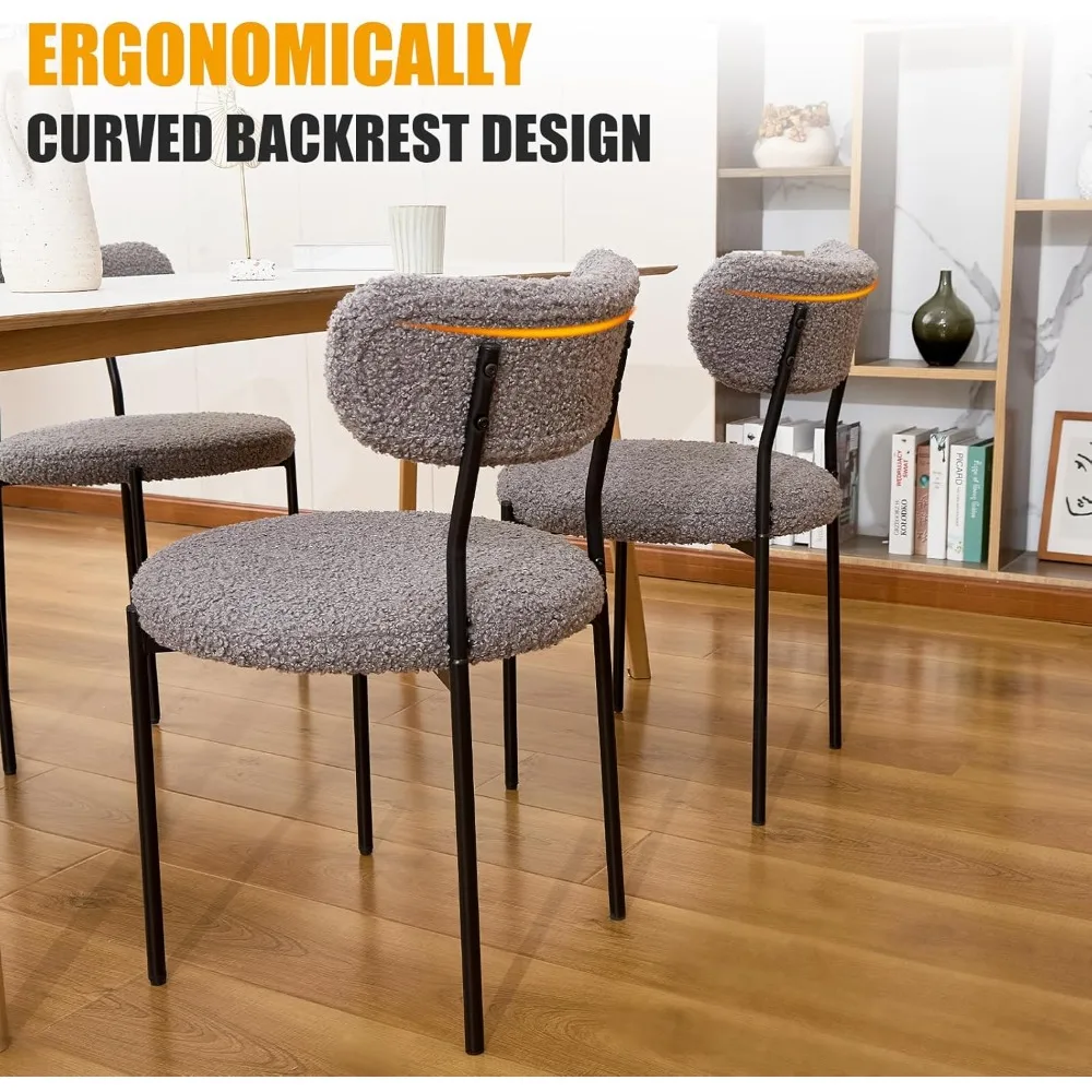 Boucle Dining Chairs,Holiday Chairs, Round Widened Upholstered Chairs, Modern Mid Century Style, Sturdy and Comfy with Black Met