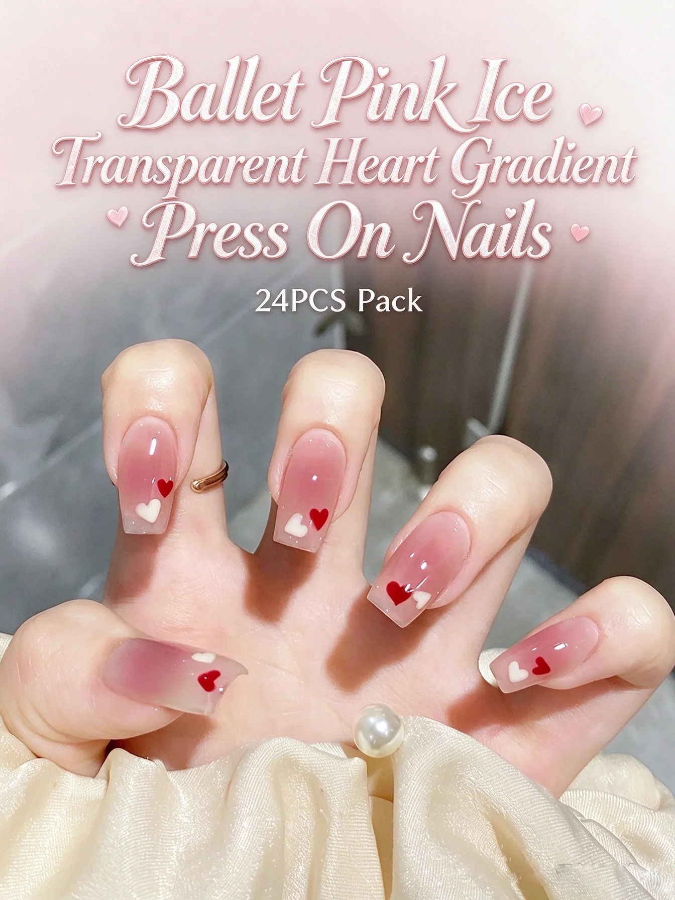 24Pcs Ballet Press on Nails Pink Ice Transparent Heart Gradient Removable Wearable Nail Stickers False Nail Tips
