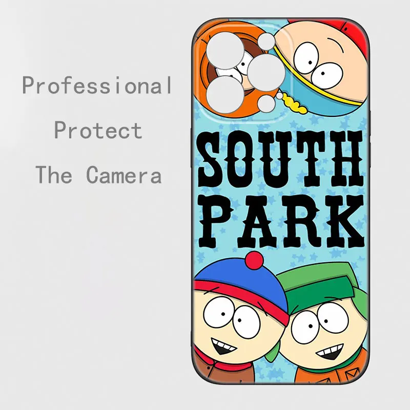 Cartoon S-South P-Park Black Silicone Phone Case For Apple iPhone 12 13 Mini 11 14 15 Pro Max 7 8 Plus X XR XS SE 2020 2022