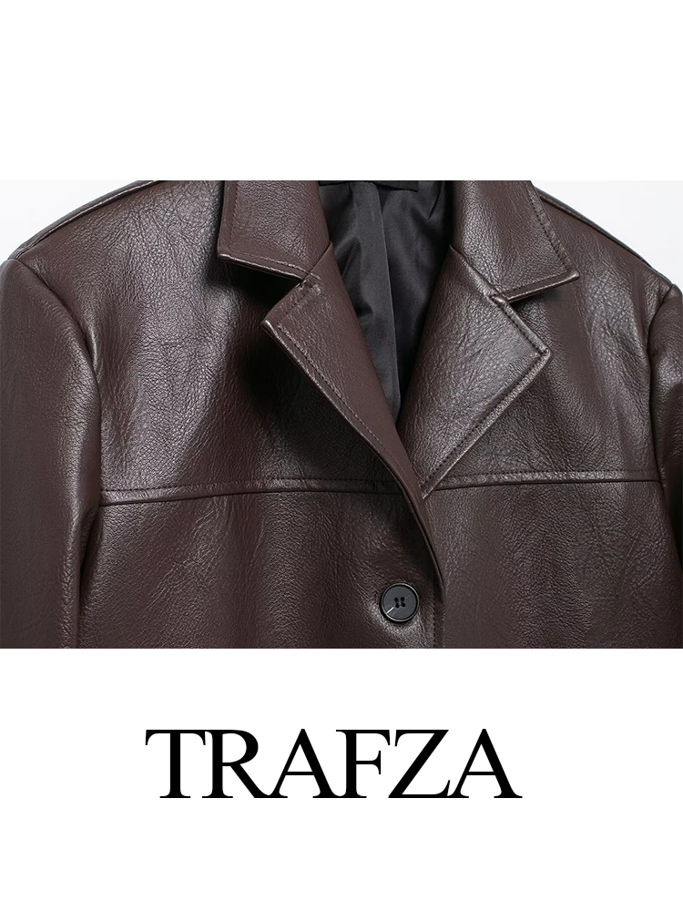 TRAFZA Women Winter Old Money Style Leather Commuting Blazer Female Single Breasted Pocket Street Casual Long Sleeve Coat Mujer