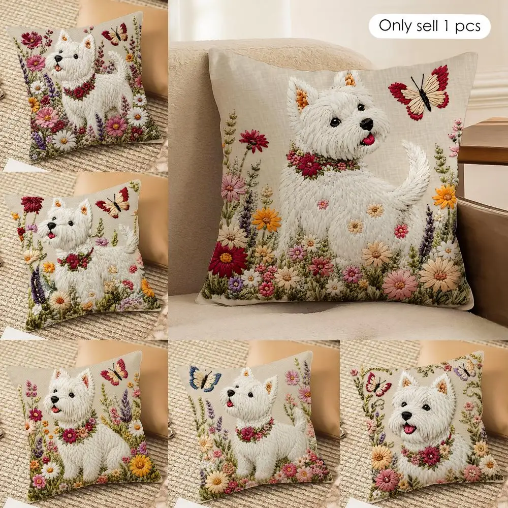 2D Cute Pup West Highland Terrier Cushion Cover Silky Short Plush Invisible Zipper Dustproof Sofa Pillow Case For Home Decor