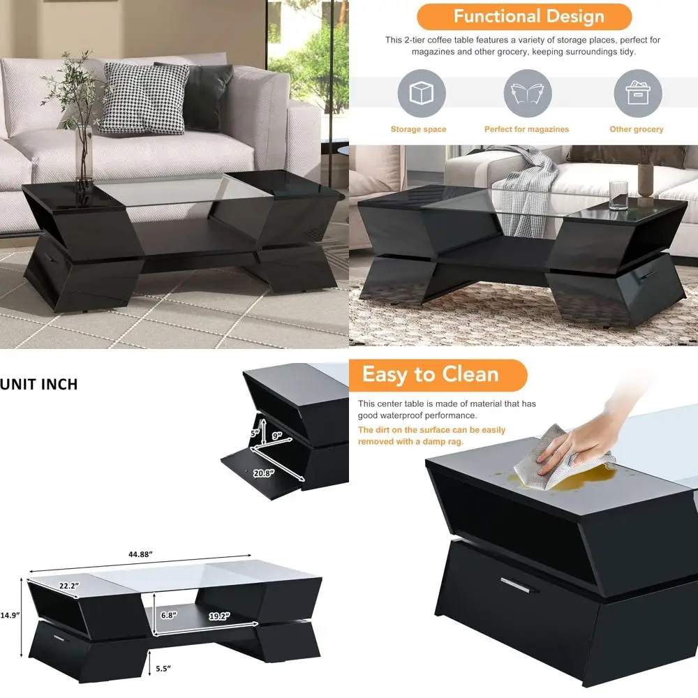 

Geometric 6mm Glass Top Coffee Table with Open Shelves and Storage Cabinets