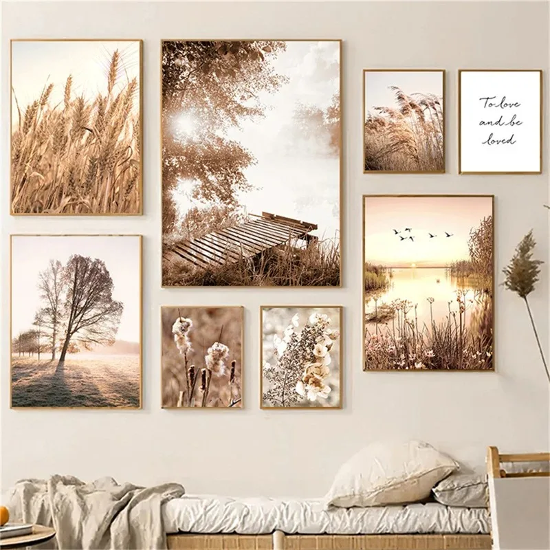 Autumn Sunlight Landscape Wall Art Canvas Painting Nordic Reed Poster Wheat Ears Poster Wall Pictures For Living Room Fall Decor