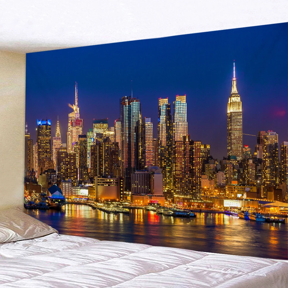 New York City Night View Tapestry Hippie Wall Hanging Home Art Bohemian Decorative Tapestry Background Cloth Sheet Sofa Blanket