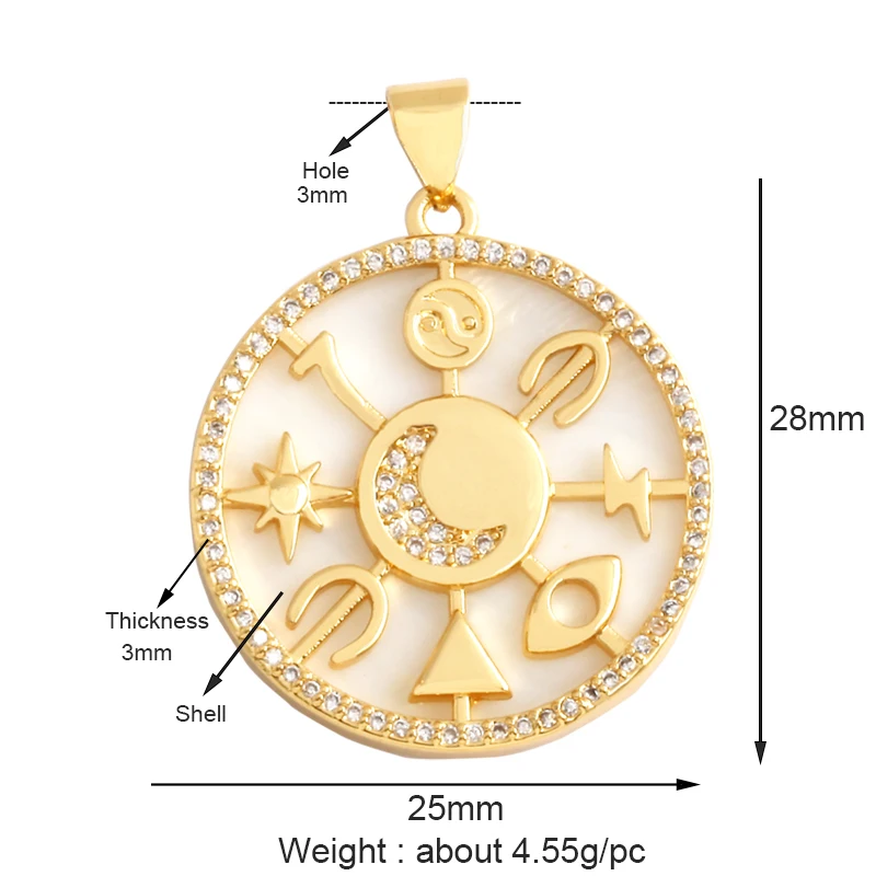 Kompass, glänzender Sonne, Mond, Stern, Muschel-Charm-Anhänger, 18 Karat vergoldetes Gold, eingelegter Zirkonia, Schmuck, Halskette, Armband, Zubehör S45 – Detail 8